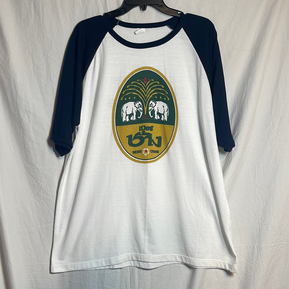 Vintage Chang Beer Shirt Thailand Thai Raglan Ringer XL Black White Y2K Elephant